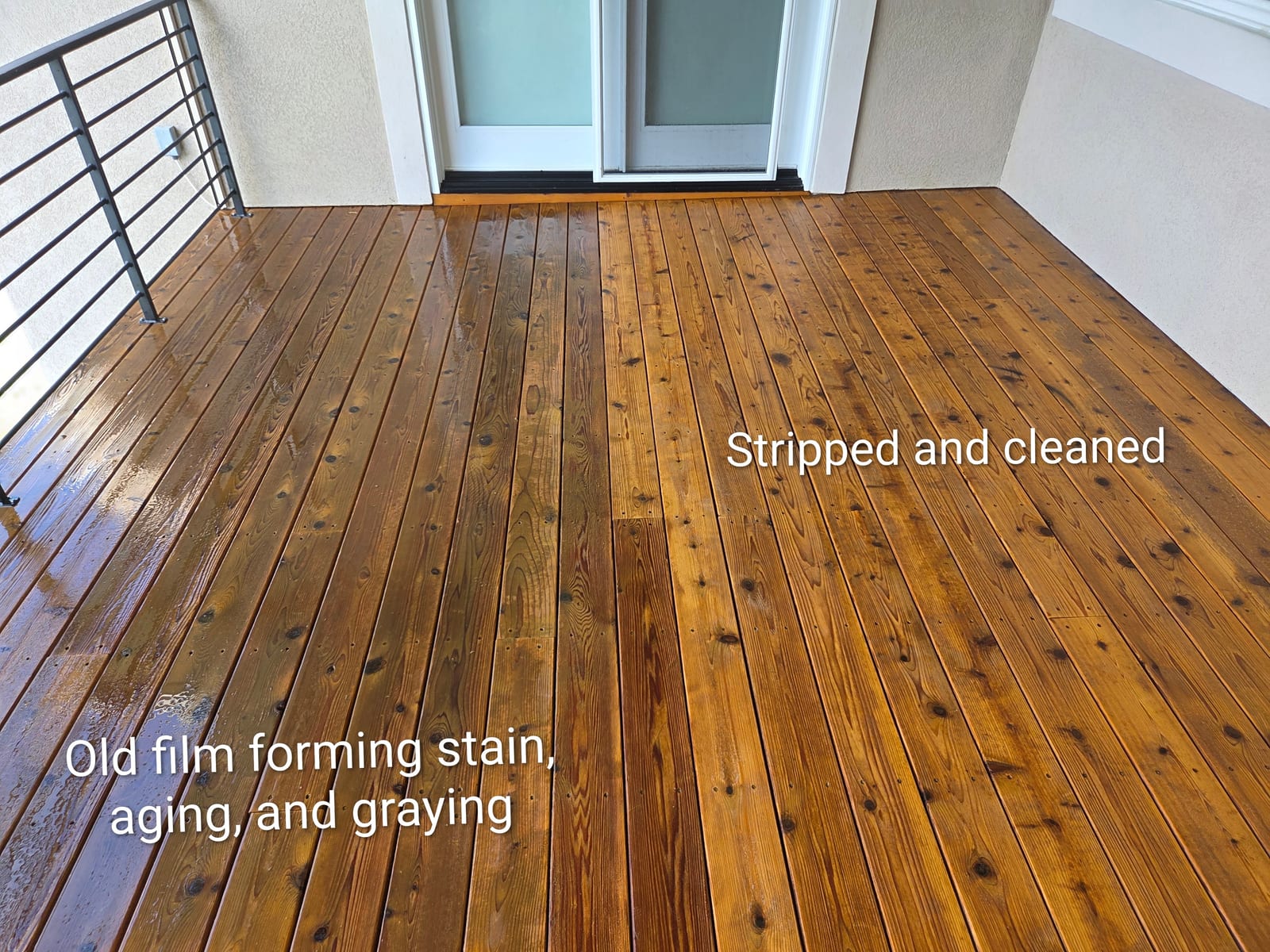 Covered deck comparison showing old weathered film-forming stain beside freshly stripped bare wood
